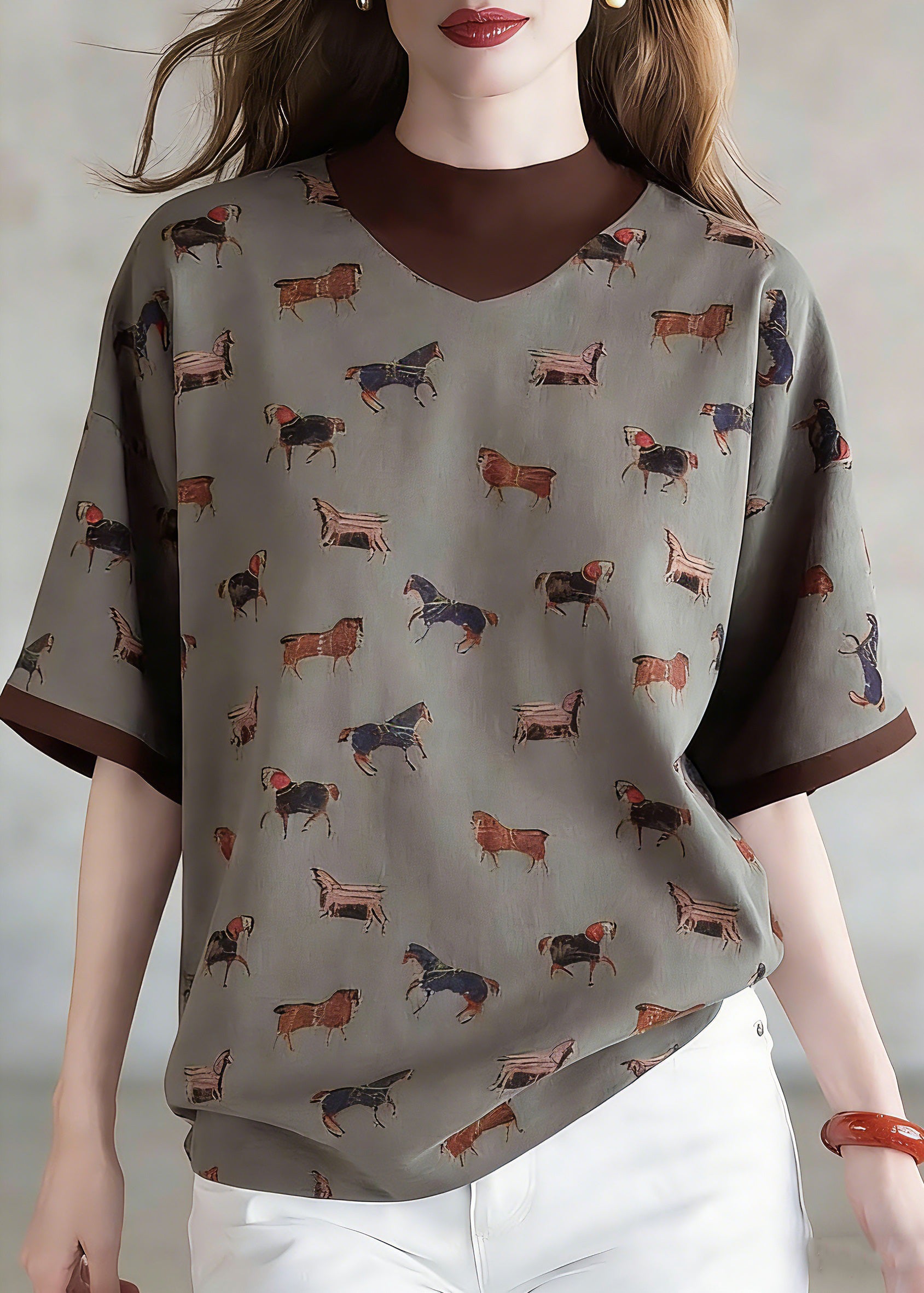 Style Coffee Print Fake Two-Piece Top Short Sleeve - Omychic