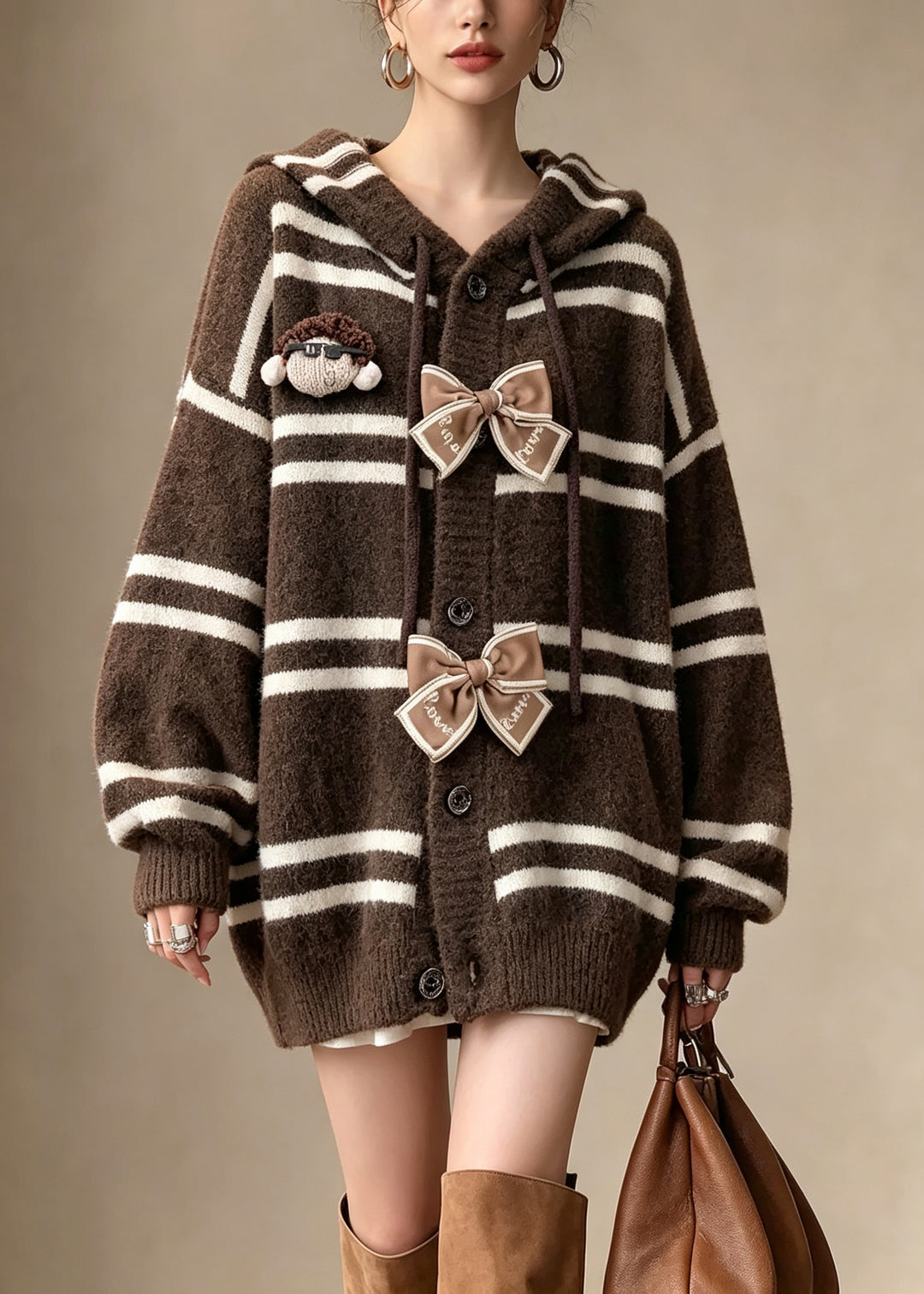 Style Coffee Striped Bow Hooded Knit Sweaters Coat Fall
