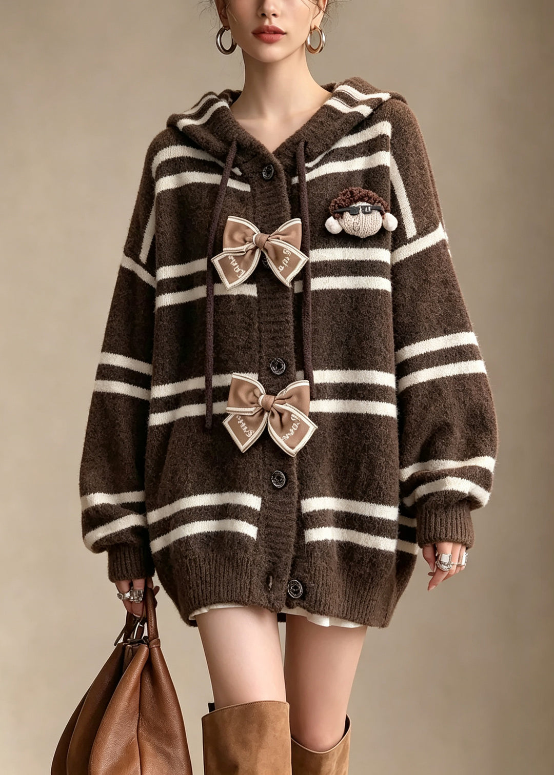 Style Coffee Striped Bow Hooded Knit Sweaters Coat Fall