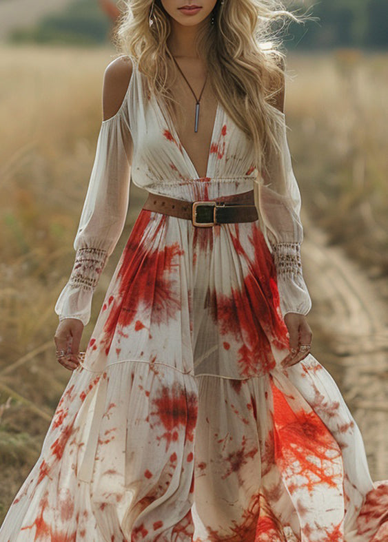 Style Cold Shoulder Print Patchwork Cotton Maxi Dress Spring