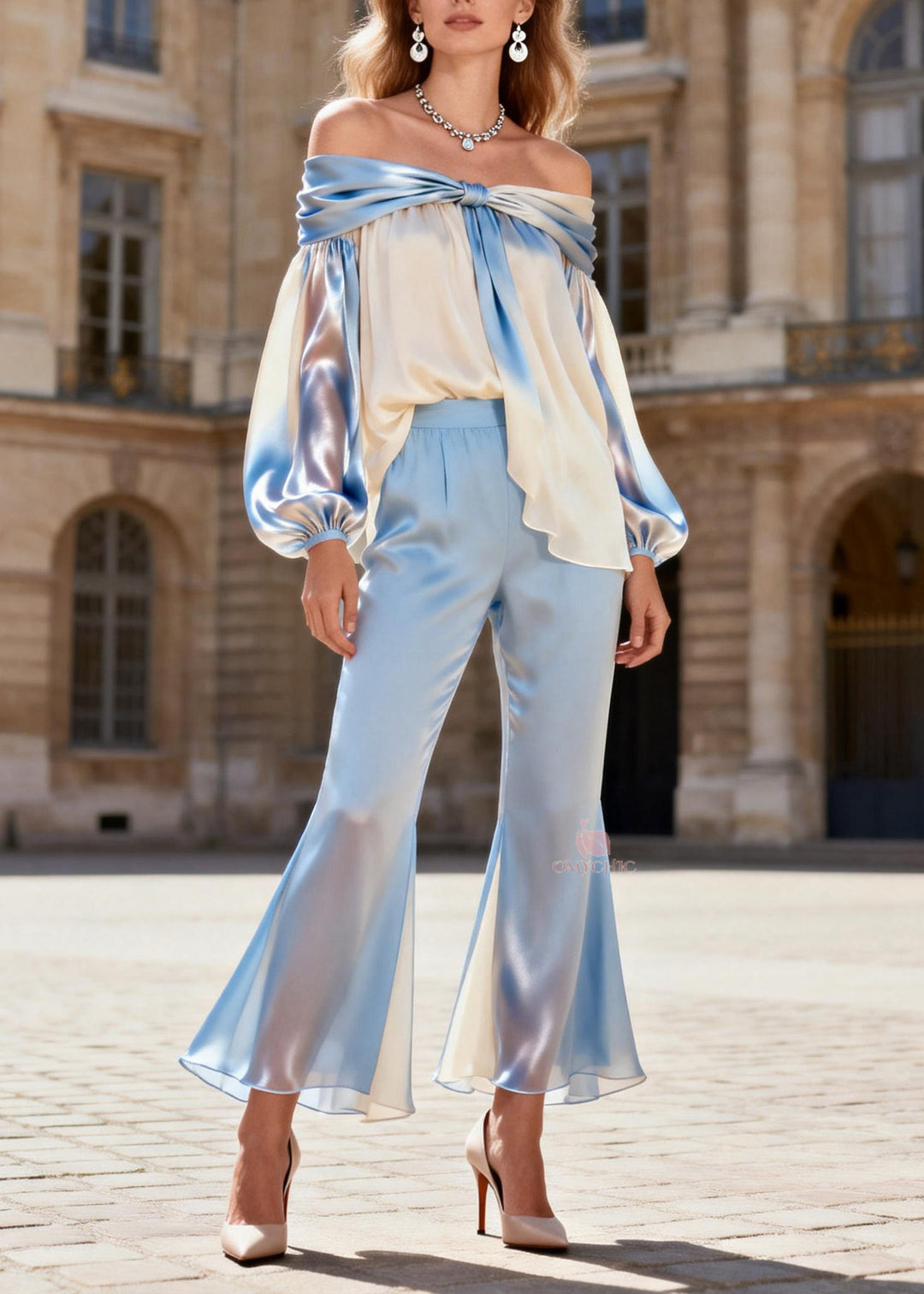 Style Cold Shoulder Wrinkled Silk Two Piece Set Spring