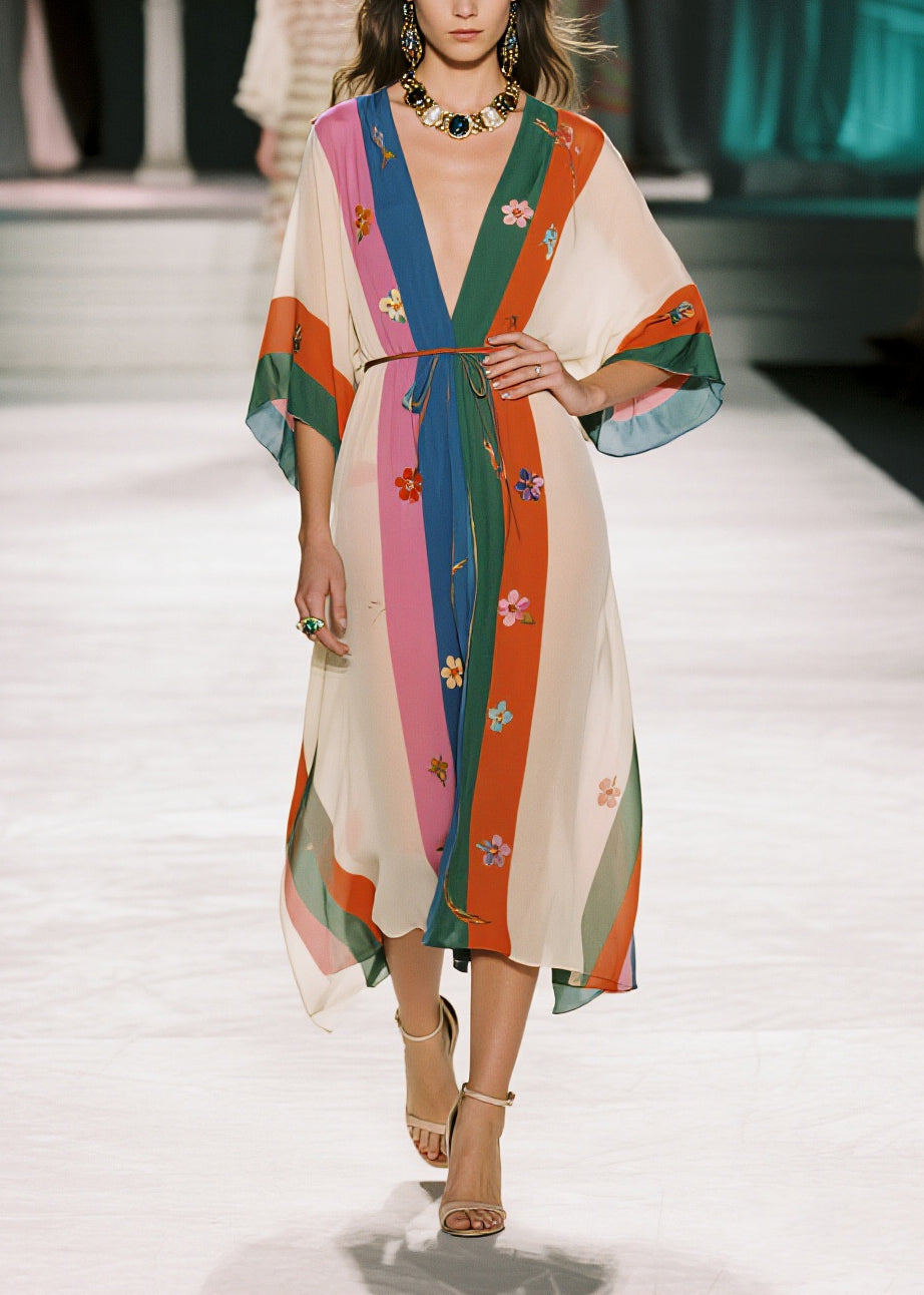 Style Colorblock Floral Print Draping Chiffon Robe Dresses Summer