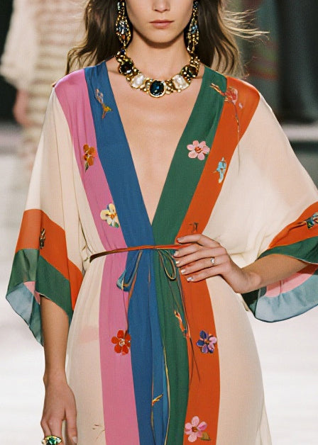 Style Colorblock Floral Print Draping Chiffon Robe Dresses Summer