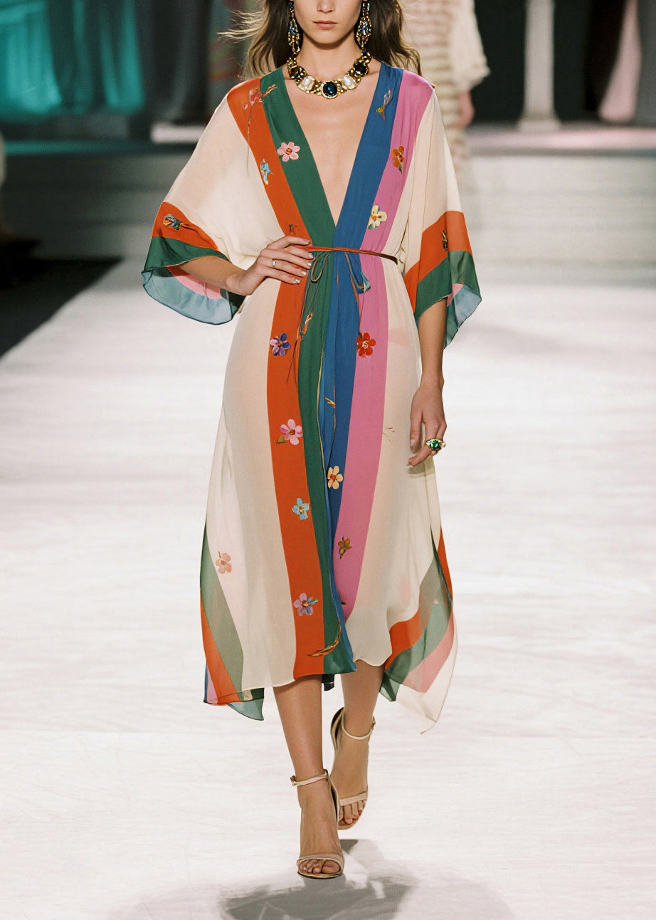 Style Colorblock Floral Print Draping Chiffon Robe Dresses Summer