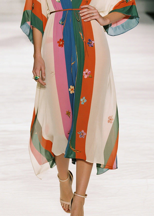 Style Colorblock Floral Print Draping Chiffon Robe Dresses Summer