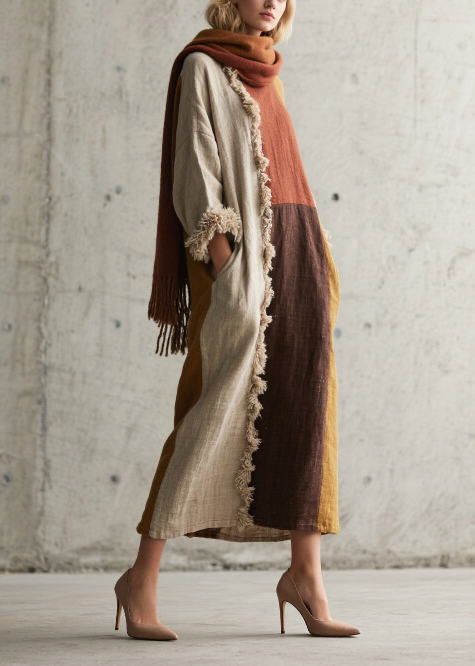 Style Colorblock Oversized Patchwork Faux Fur Long Dresses Fall
