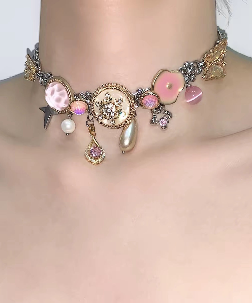 Style Colorblock Stainless Steel Overgild Zircon Pearl Butterfly Pendant Necklace