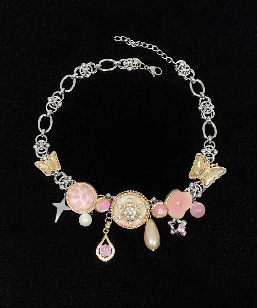 Style Colorblock Stainless Steel Overgild Zircon Pearl Butterfly Pendant Necklace