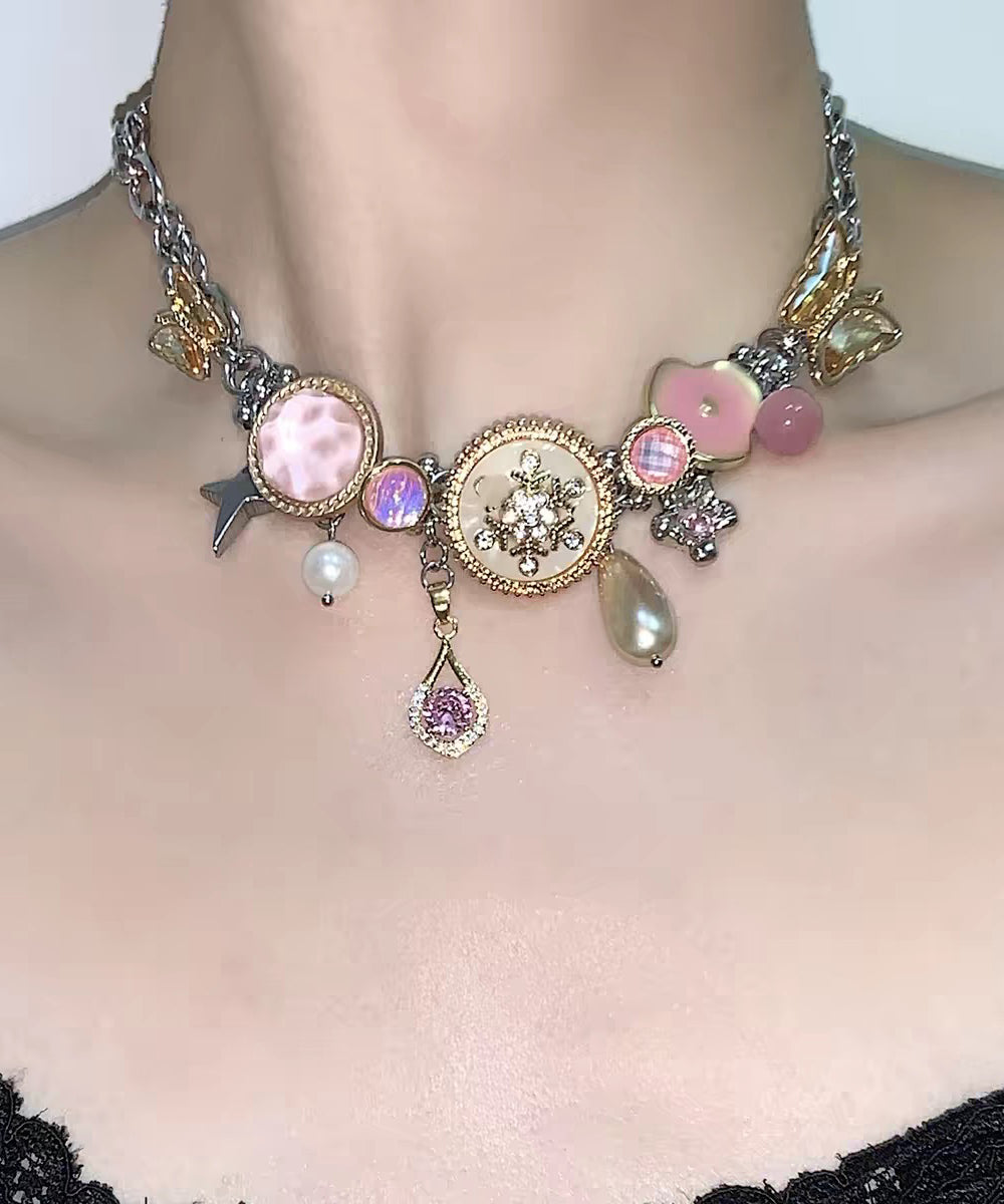 Style Colorblock Stainless Steel Overgild Zircon Pearl Butterfly Pendant Necklace