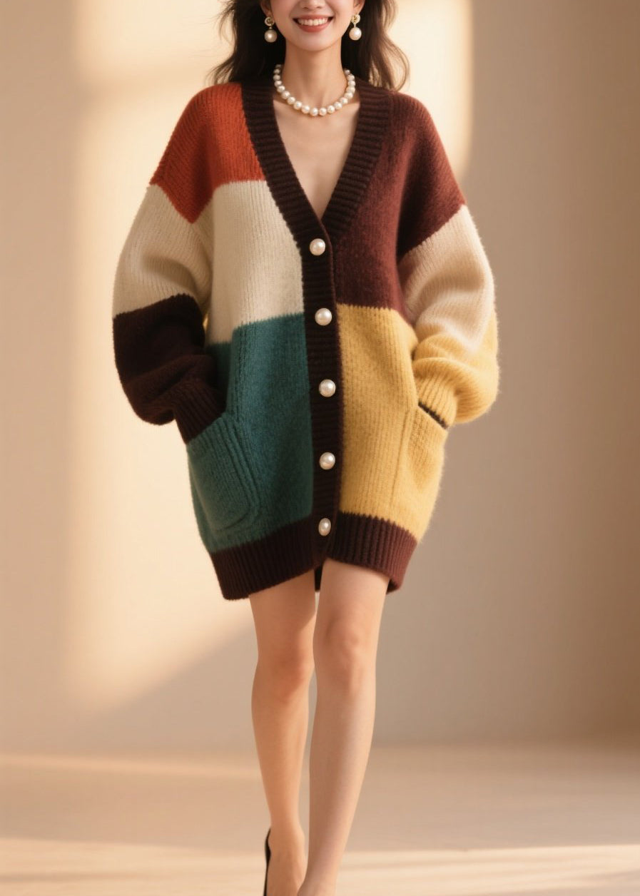 Style Colorblock V Neck Button Patchwork Knit Cardigan Fall
