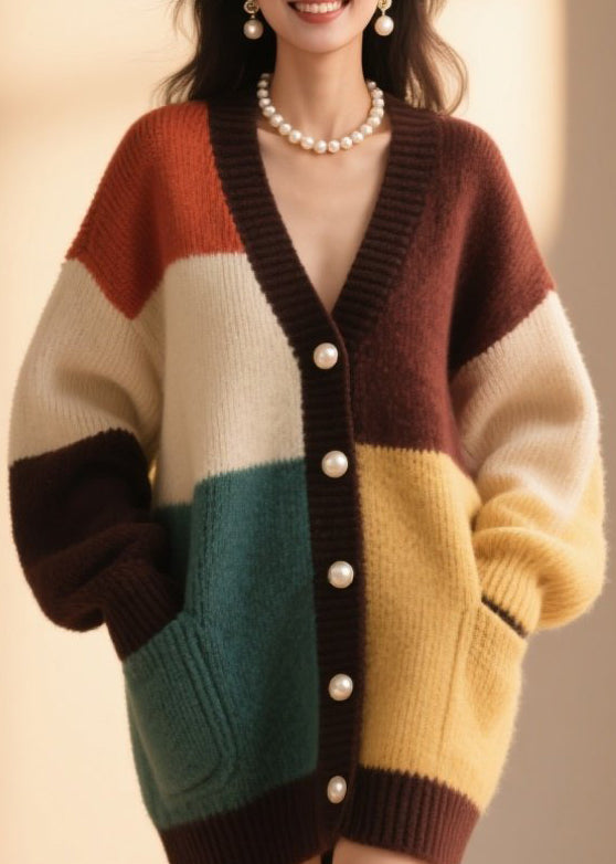 Style Colorblock V Neck Button Patchwork Knit Cardigan Fall
