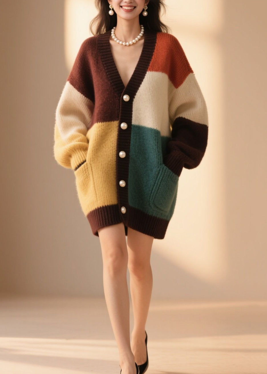 Style Colorblock V Neck Button Patchwork Knit Cardigan Fall