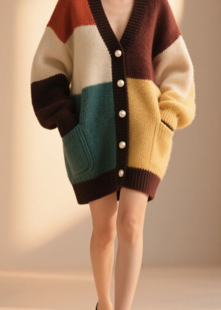 Style Colorblock V Neck Button Patchwork Knit Cardigan Fall