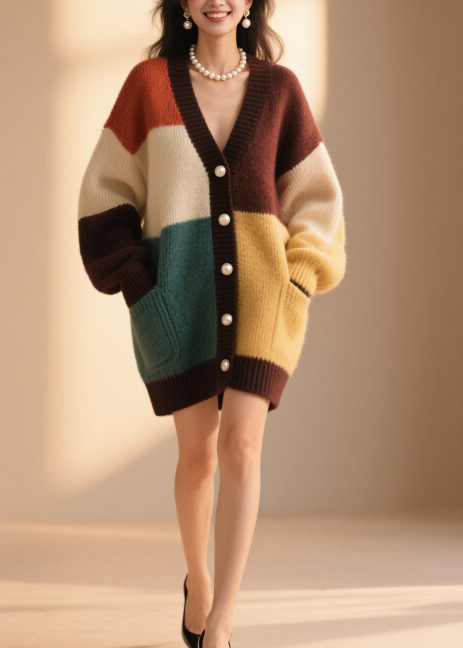 Style Colorblock V Neck Button Patchwork Knit Cardigan Fall