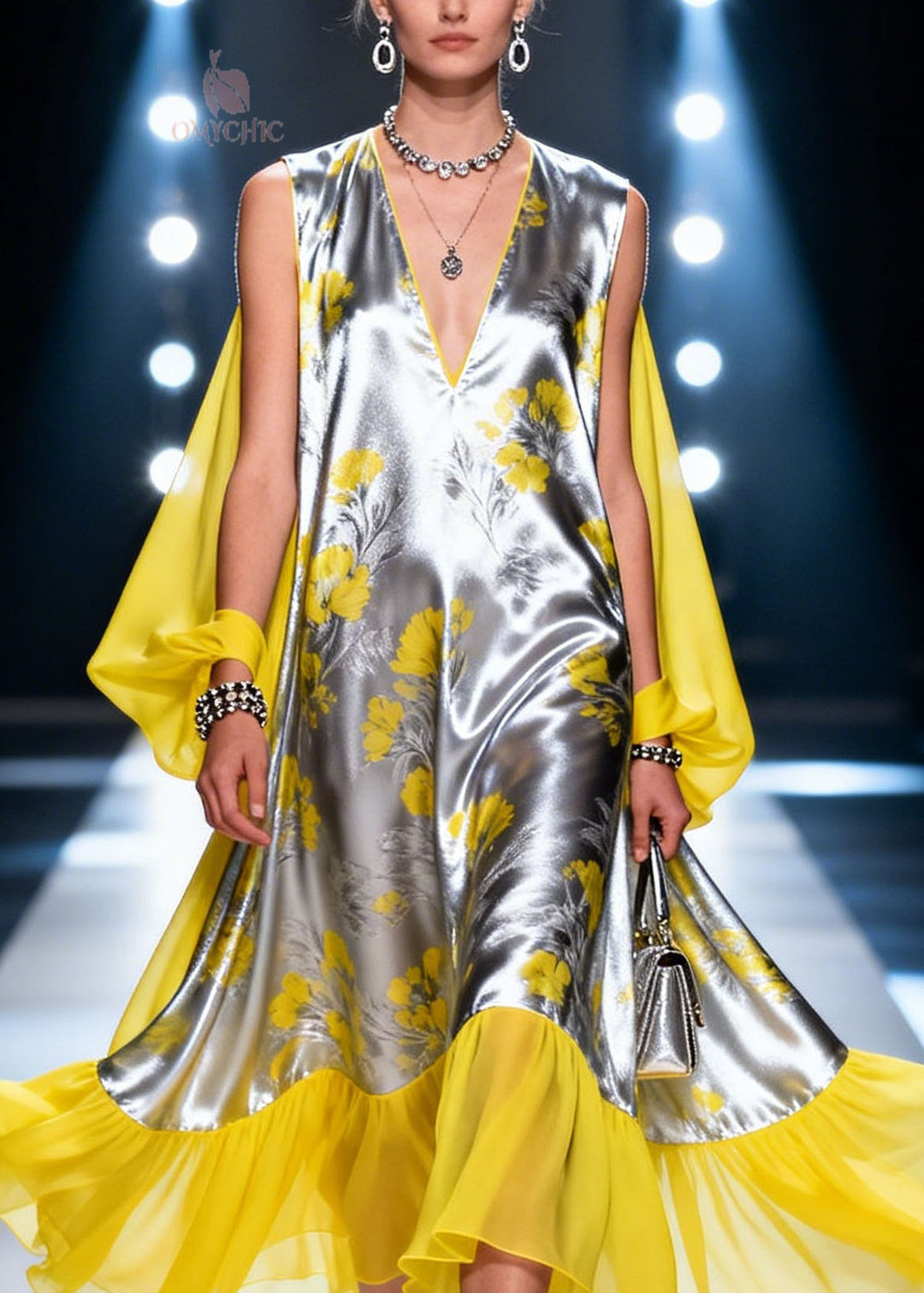 Style Colorblock V Neck Patchwork Chiffon Dress Summer