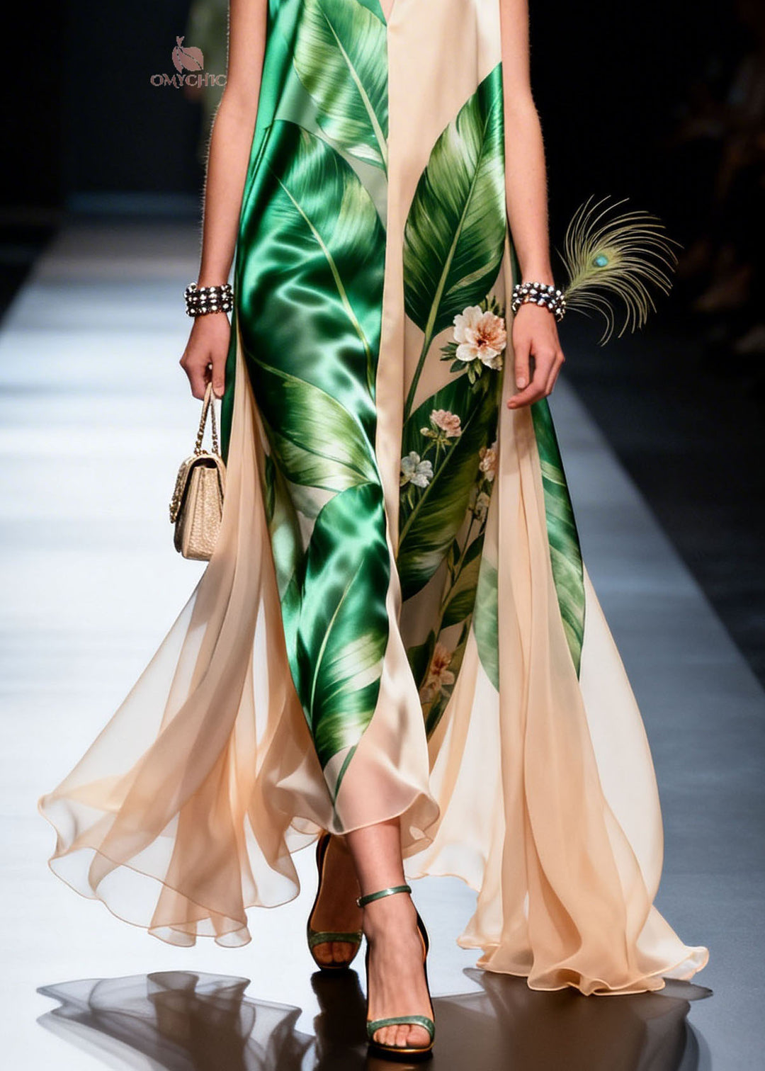 Style Colorblock V Neck Print Chiffon Dress Sleeveless