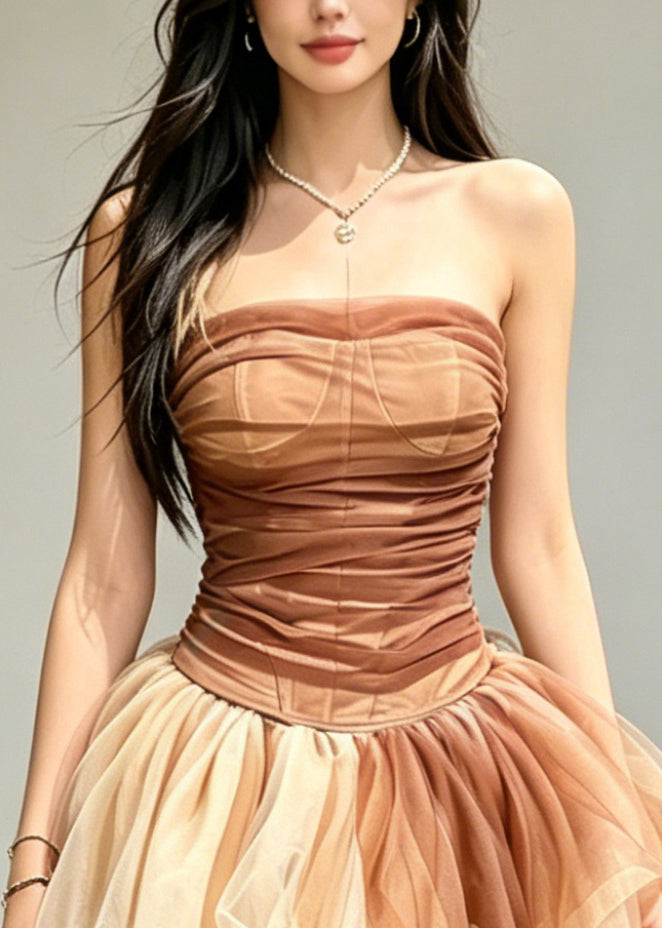 Style Colorblock Wrinkled Tulle Vest And Skirts Two Pieces Set Sleeveless