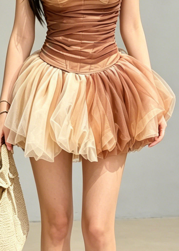 Style Colorblock Wrinkled Tulle Vest And Skirts Two Pieces Set Sleeveless