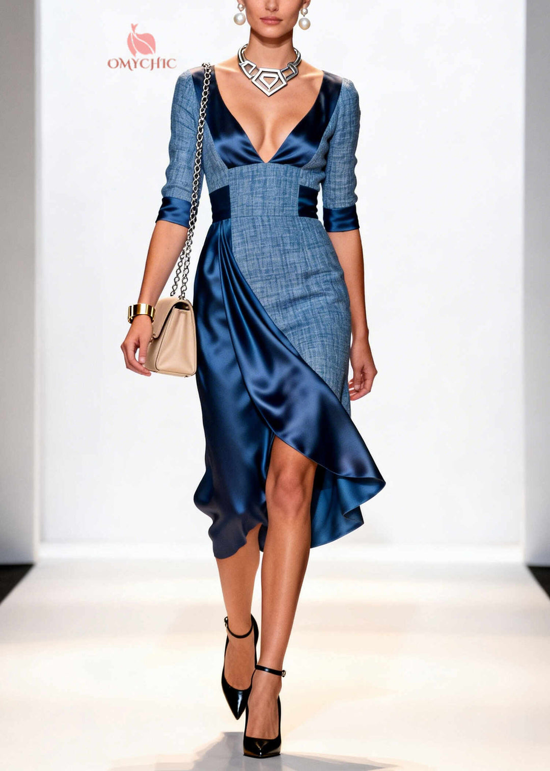 Style Denim Blue Asymmetrical Patchwork Silk Dress Summer