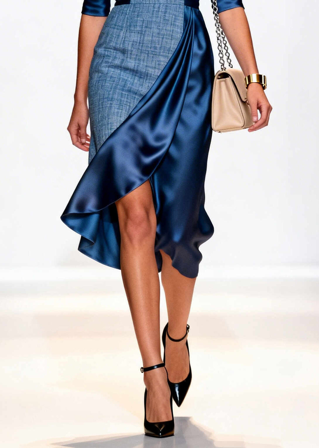 Style Denim Blue Asymmetrical Patchwork Silk Dress Summer