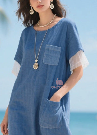 Style Denim Blue Oversized Patchwork Tulle Straight Dress Summer