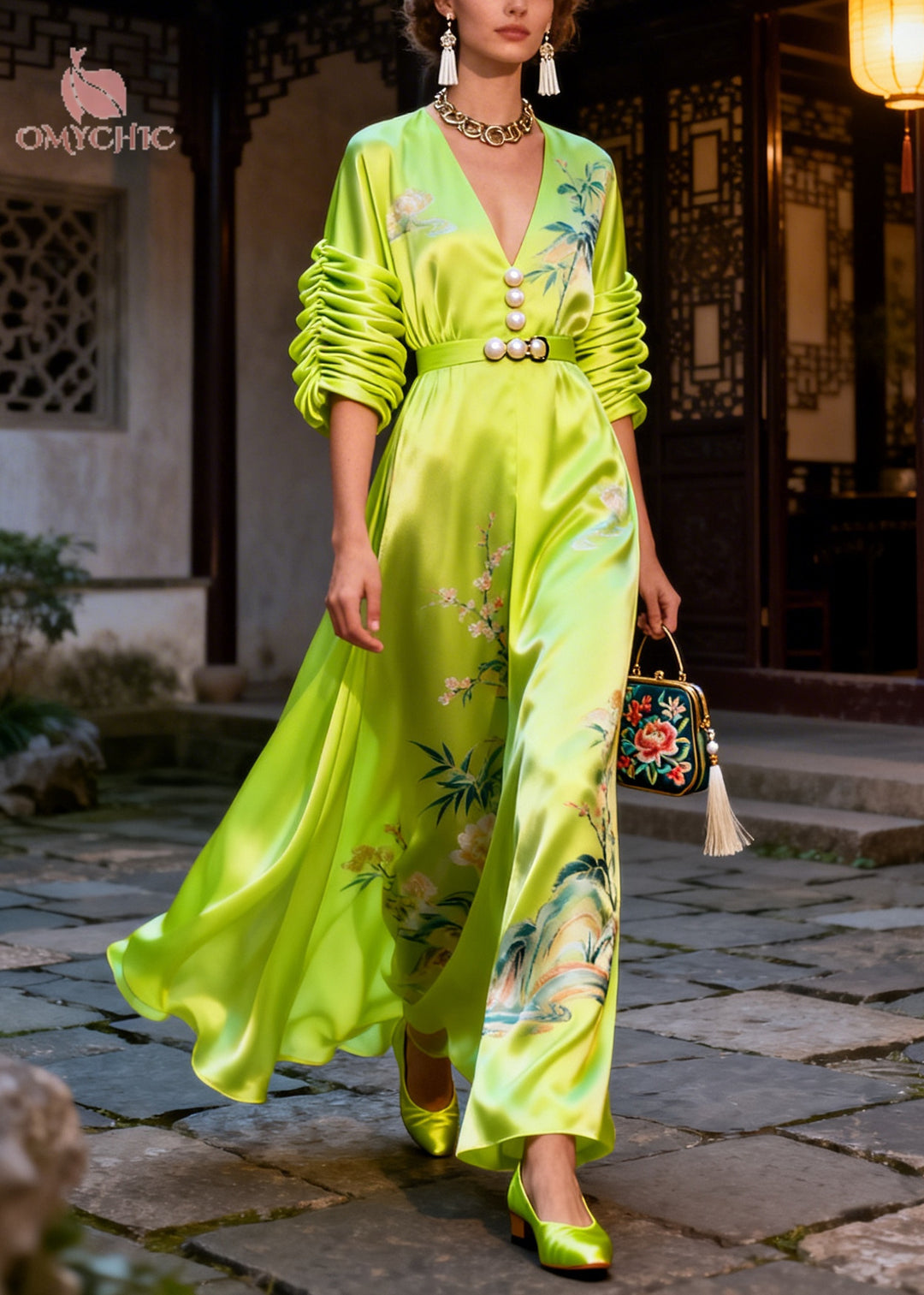 Style Fluorescent Green Print Nail Bead Silk Maxi Dresses Summer