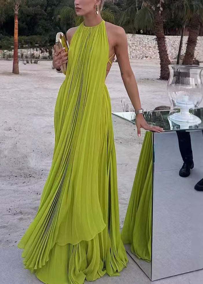 Style Fluorescent Yellow O Neck Backless Chiffon Ankle Dress Sleeveless