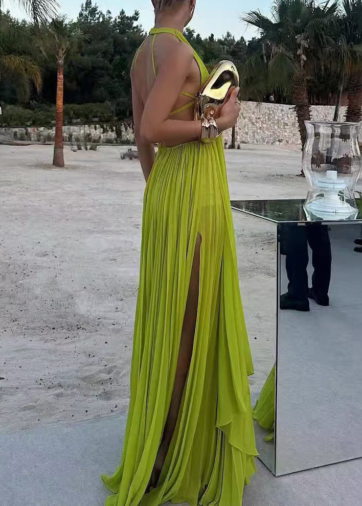 Style Fluorescent Yellow O Neck Backless Chiffon Ankle Dress Sleeveless