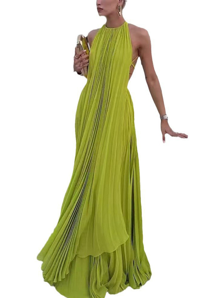 Style Fluorescent Yellow O Neck Backless Chiffon Ankle Dress Sleeveless