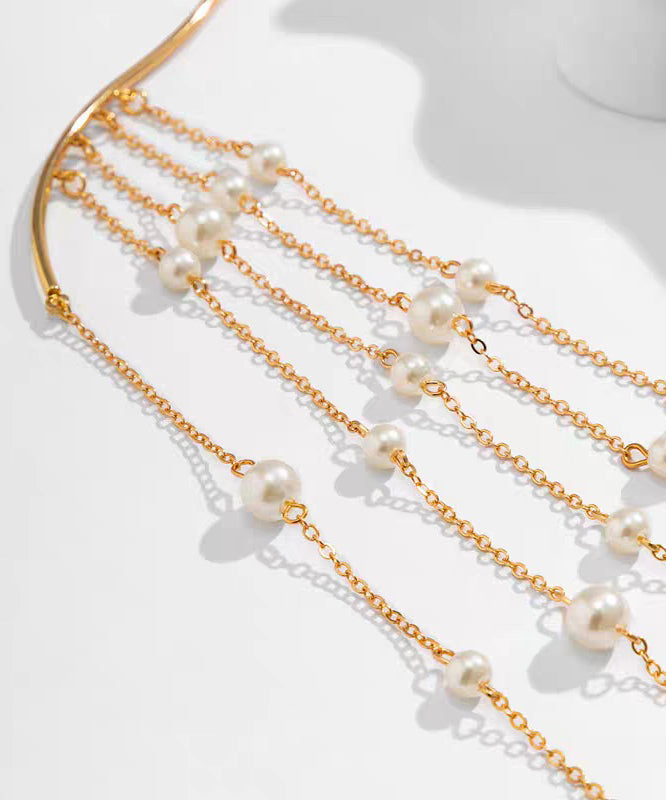 Style Gold Copper Alloy Pearl Beading Tassel Lariat Necklace