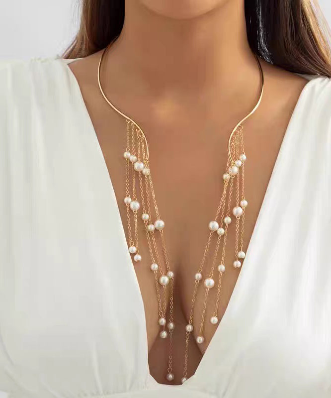 Style Gold Copper Alloy Pearl Beading Tassel Lariat Necklace