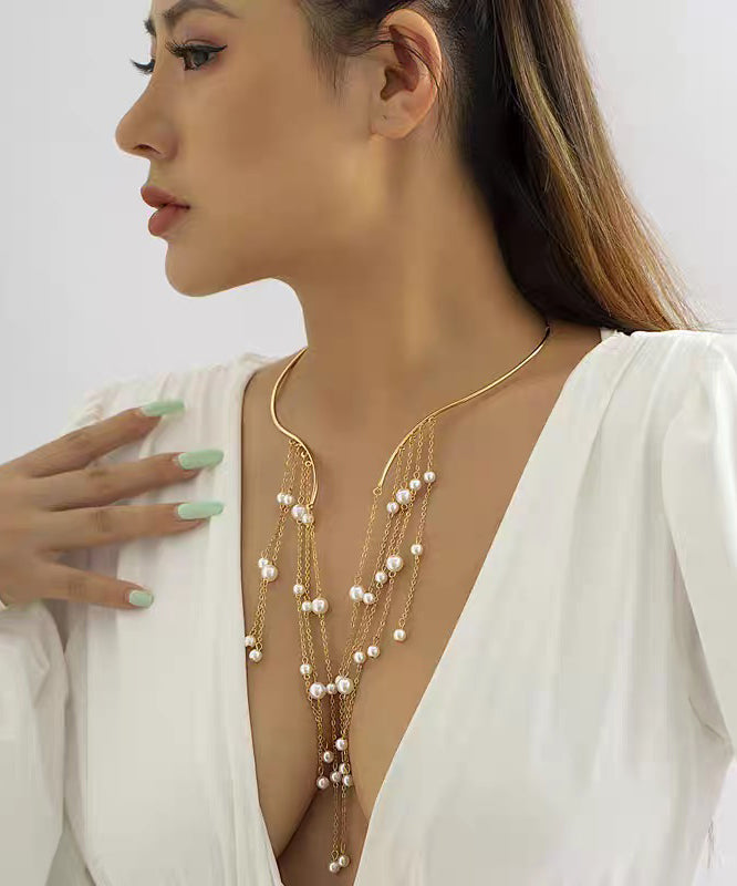Style Gold Copper Alloy Pearl Beading Tassel Lariat Necklace
