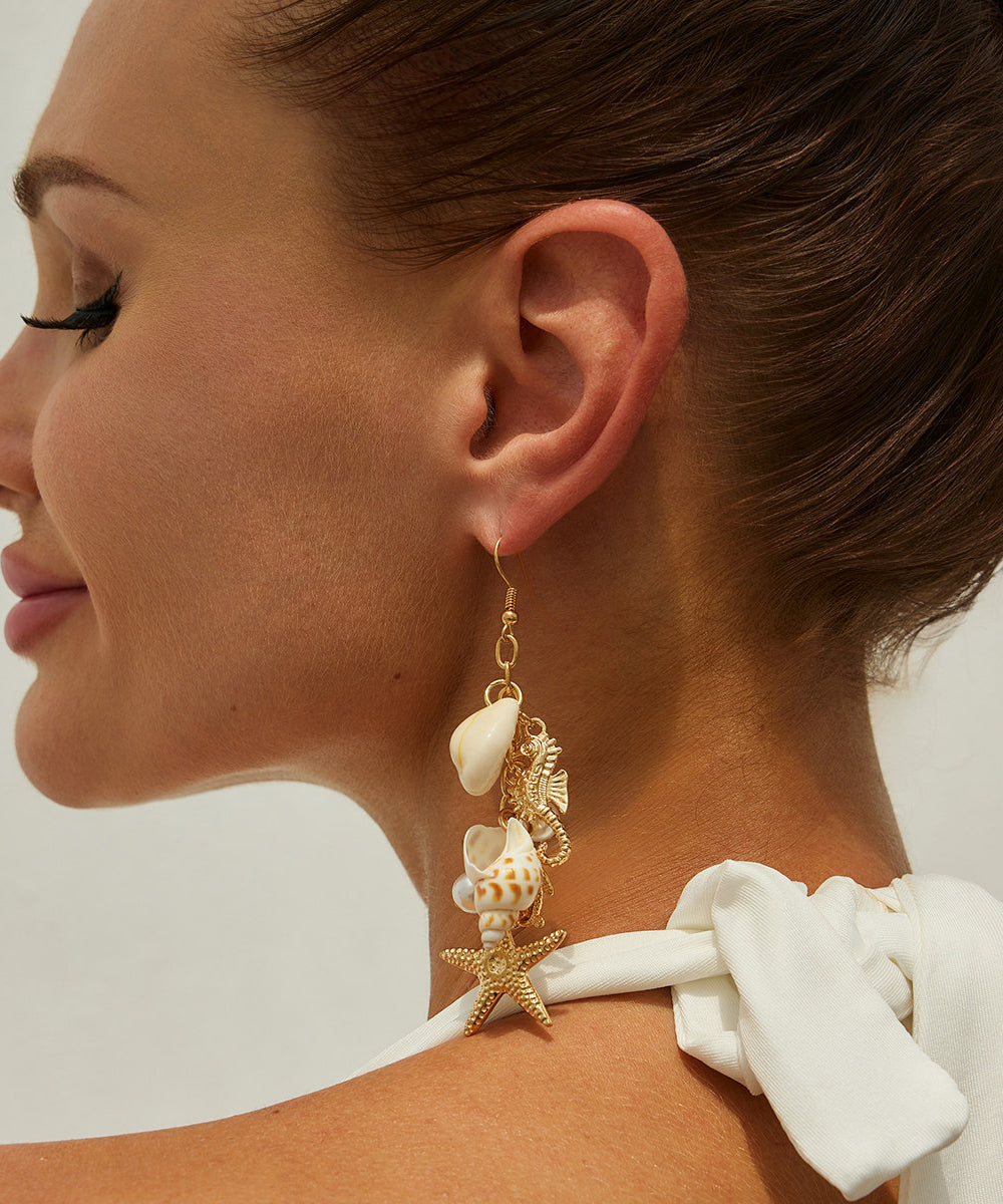 Style Gold Copper Alloy Starfish Shell Tassel Drop Earrings