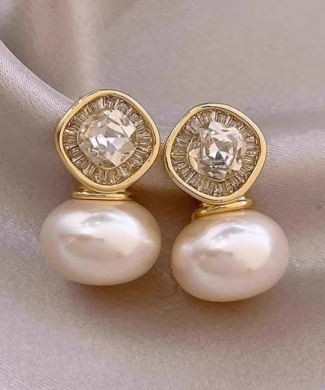 Style Gold Copper Alloy Zircon Pearl Stud Earrings