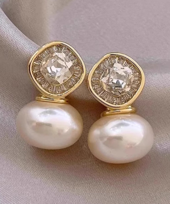 Style Gold Copper Alloy Zircon Pearl Stud Earrings