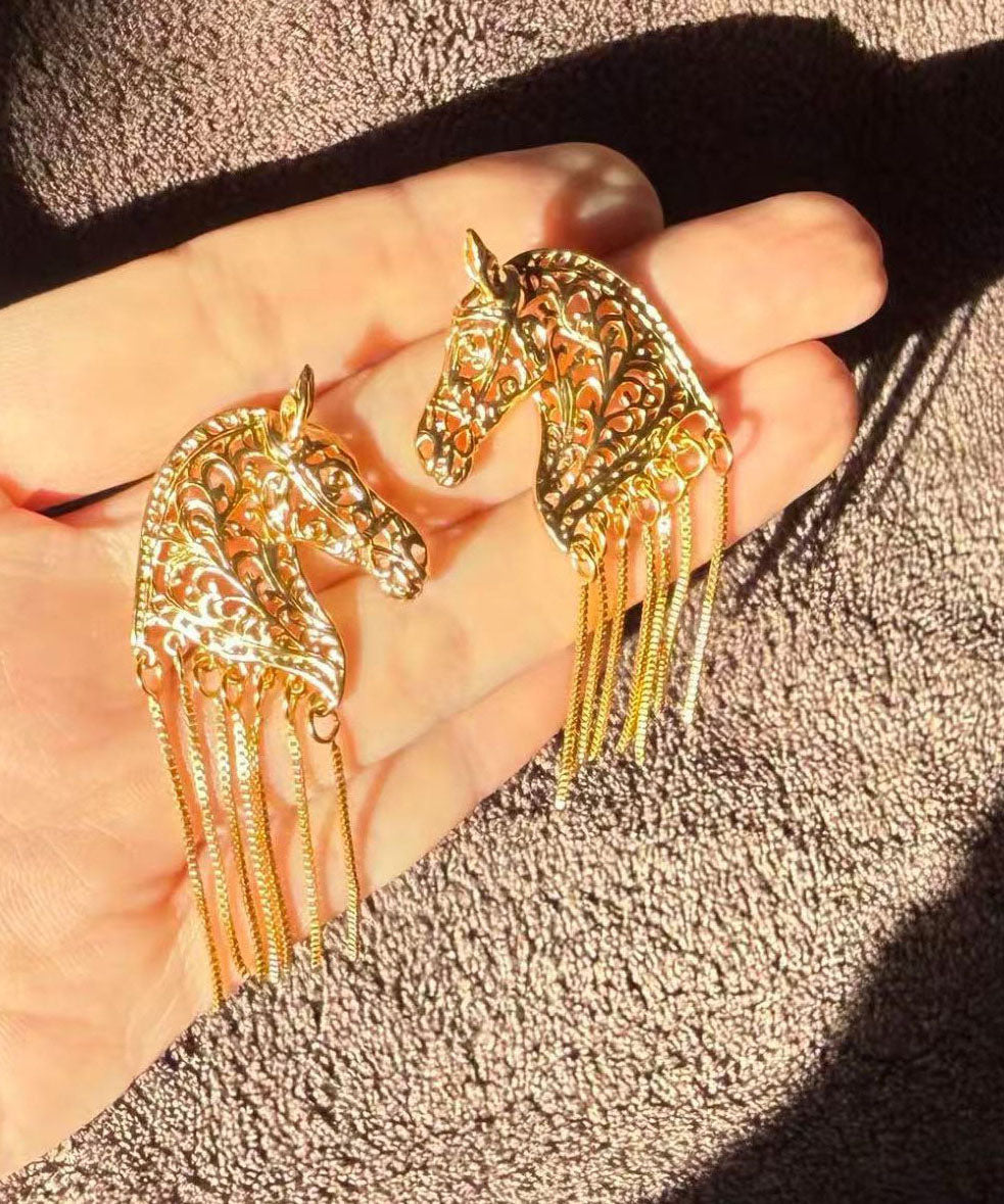 Style Gold Copper Overgild Warhorse Hollow Out Tassel Drop Earrings
