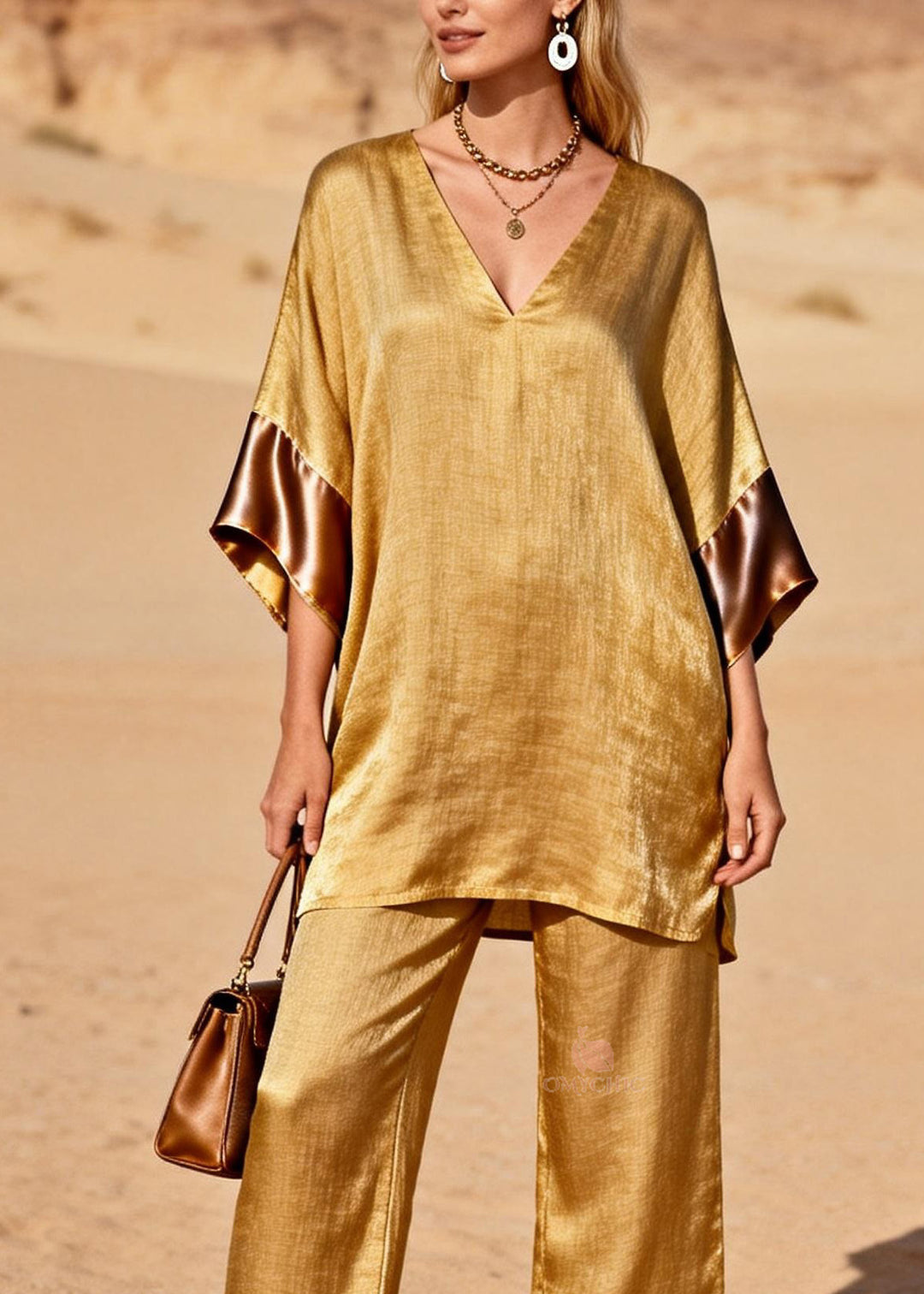 Style Gold V Neck Silk Patchwork Linen 2 Piece Outfit Summer
