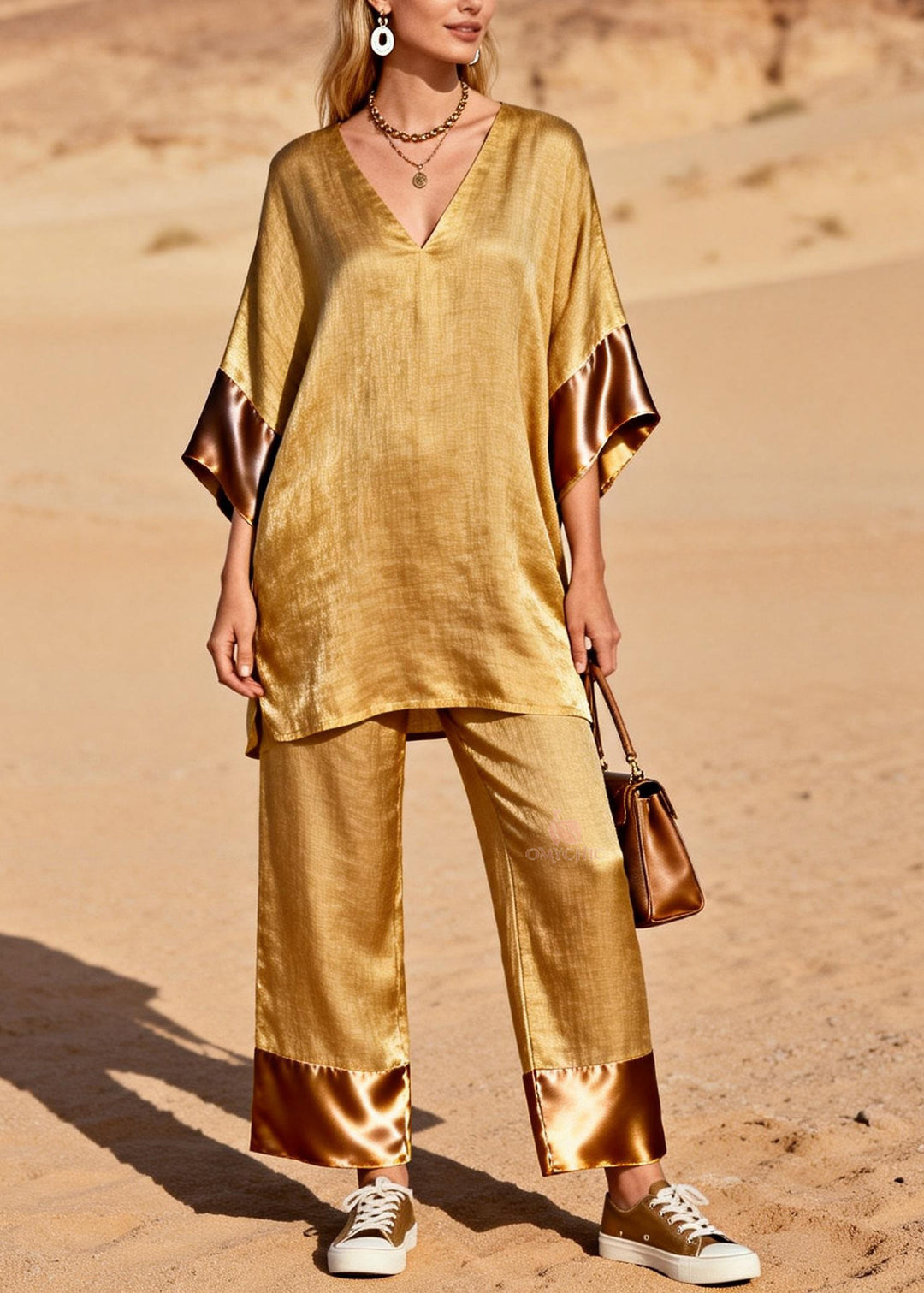 Style Gold V Neck Silk Patchwork Linen 2 Piece Outfit Summer