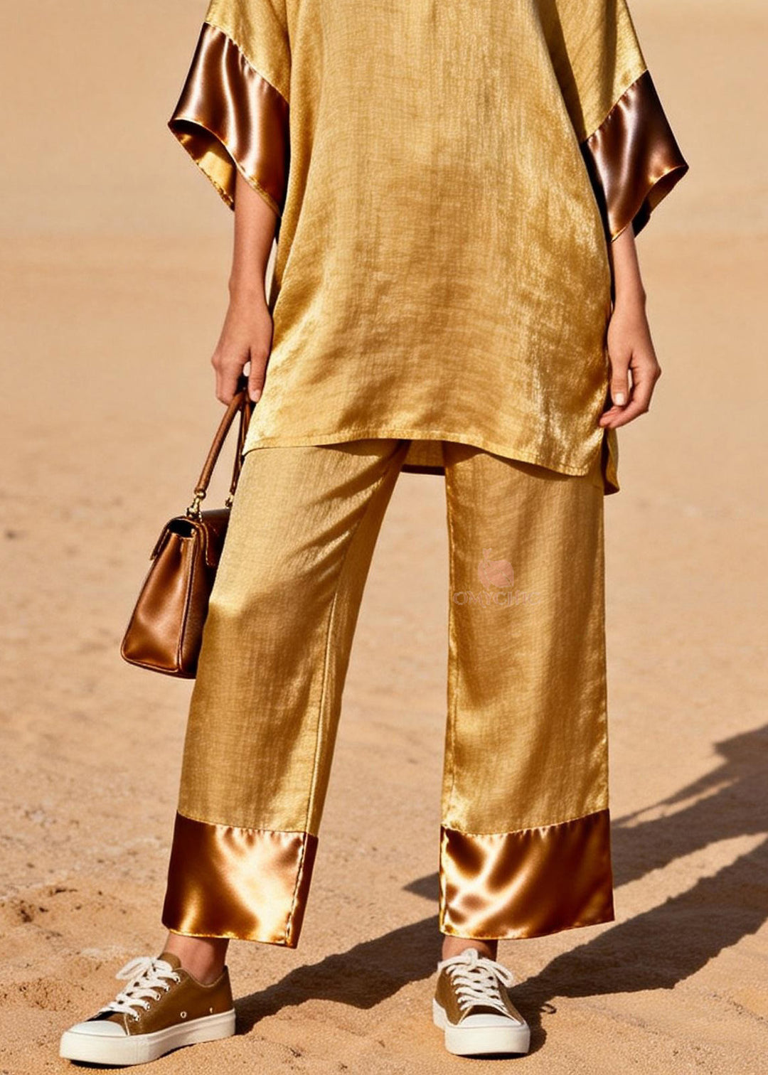 Style Gold V Neck Silk Patchwork Linen 2 Piece Outfit Summer