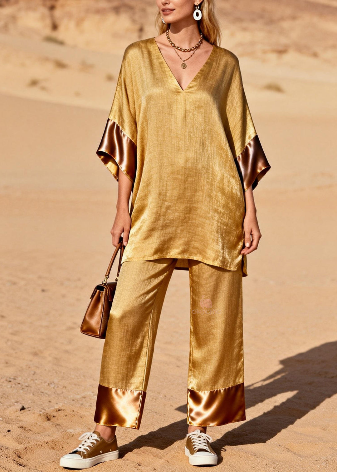 Style Gold V Neck Silk Patchwork Linen 2 Piece Outfit Summer