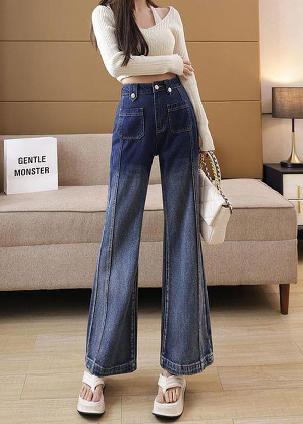 Style Gradient Blue Pockets Patchwork Denim Flared Trousers Spring