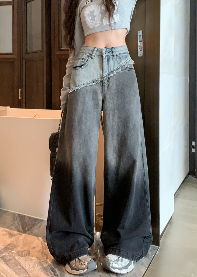 Style Gradient Color Patchwork Denim Wide Leg Pants Fall