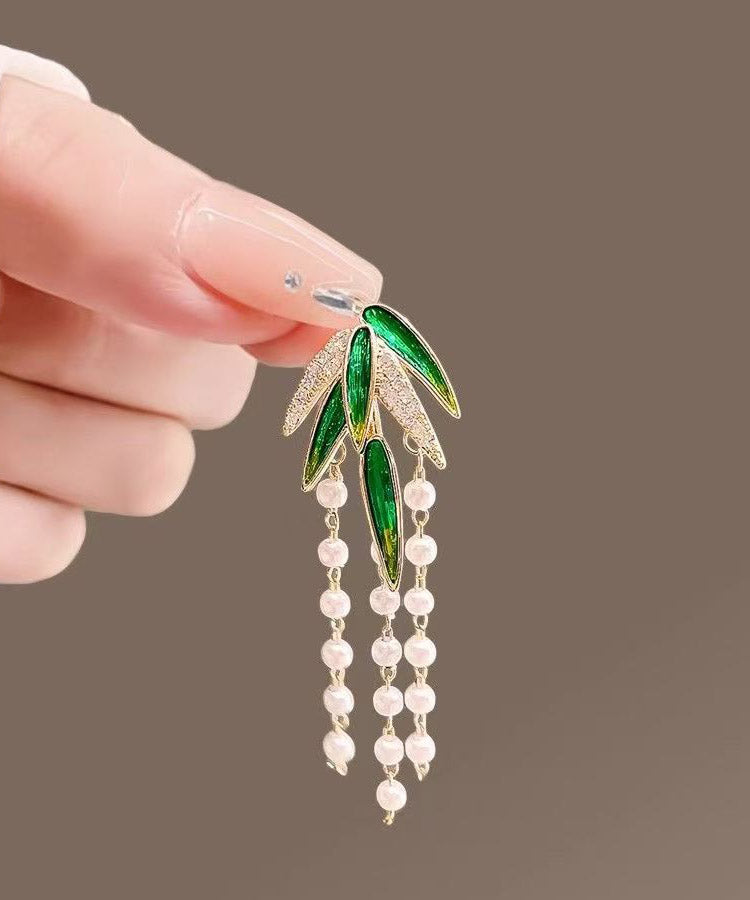 Style Green Alloy Zircon Bamboo Leaf Pearl Tassel Brooches - Omychic