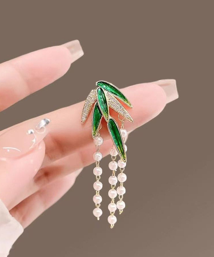 Style Green Alloy Zircon Bamboo Leaf Pearl Tassel Brooches - Omychic