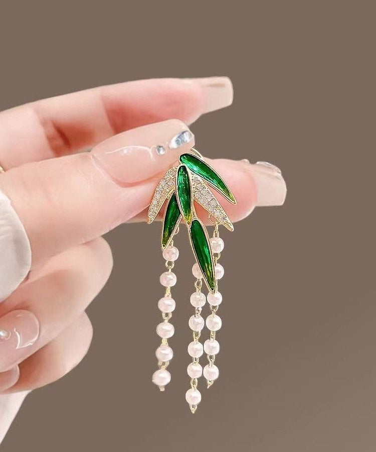 Style Green Alloy Zircon Bamboo Leaf Pearl Tassel Brooches - Omychic