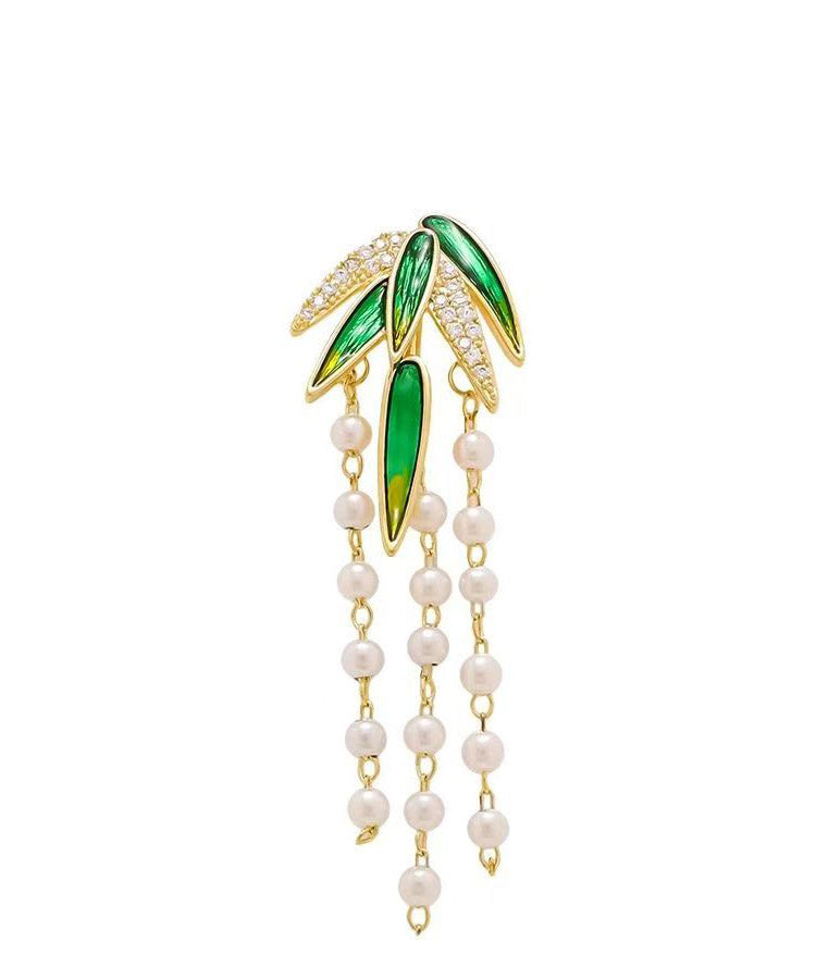 Style Green Alloy Zircon Bamboo Leaf Pearl Tassel Brooches - Omychic