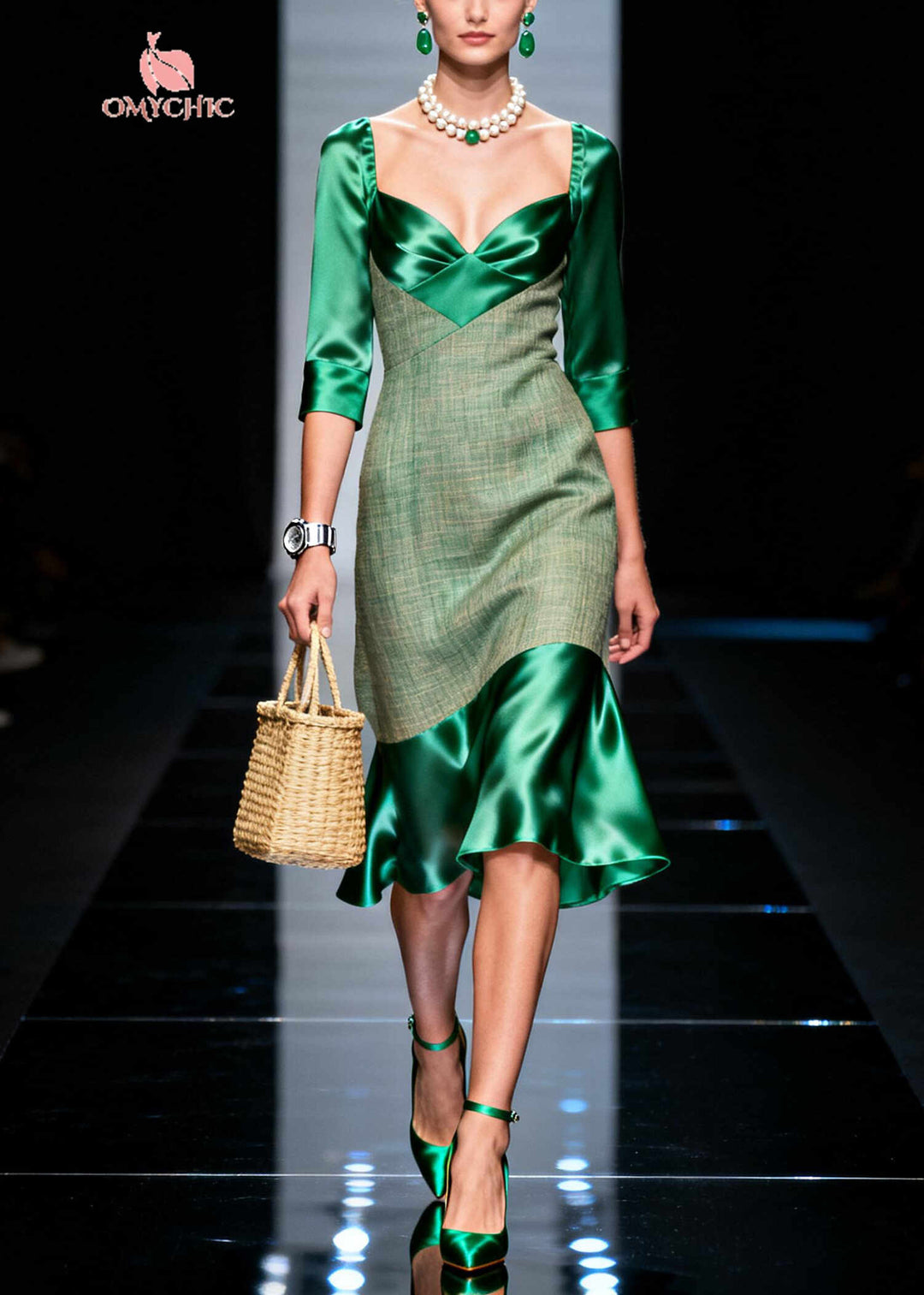 Style Green Bustier Top Patchwork Silk Mid Dresses Summer