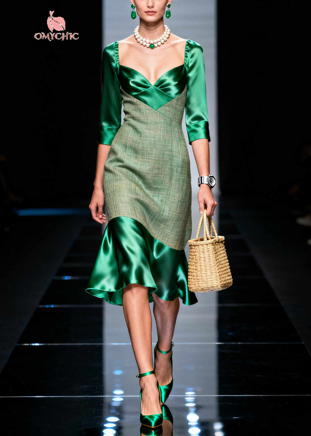 Style Green Bustier Top Patchwork Silk Mid Dresses Summer