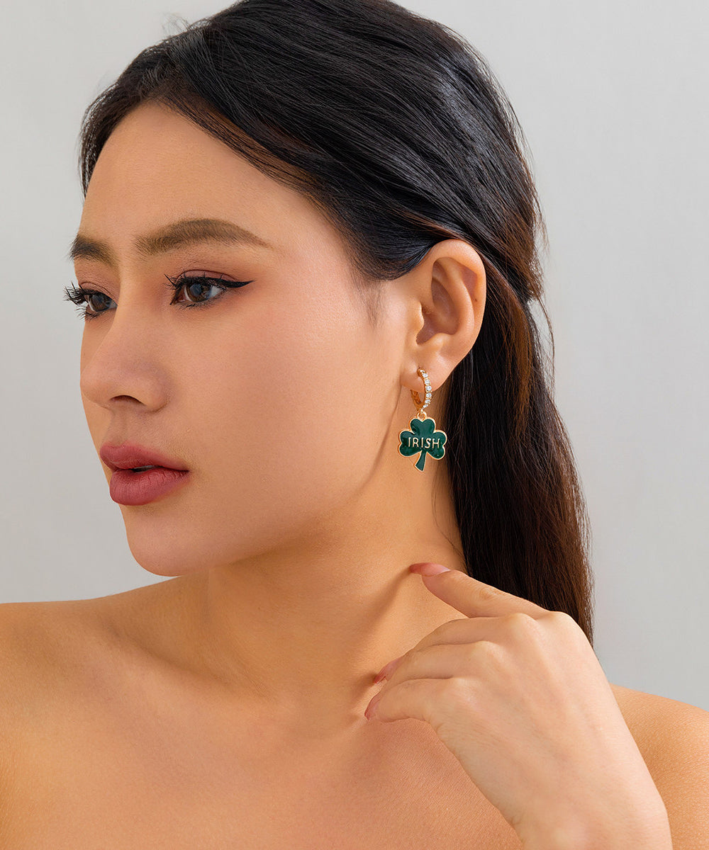 Style Green Copper Alloy Zircon Leaf C-Shaped Hoop Earrings