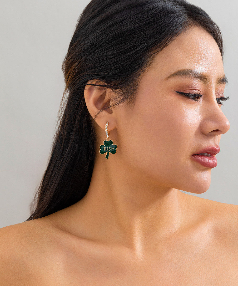 Style Green Copper Alloy Zircon Leaf C-Shaped Hoop Earrings
